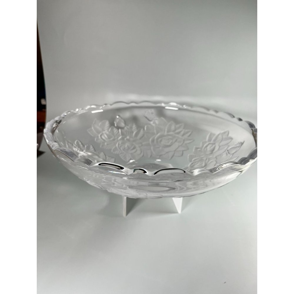 Crystal Bowl w/Frosted and Etched  Roses,  Incised Design and Pedestal Base
